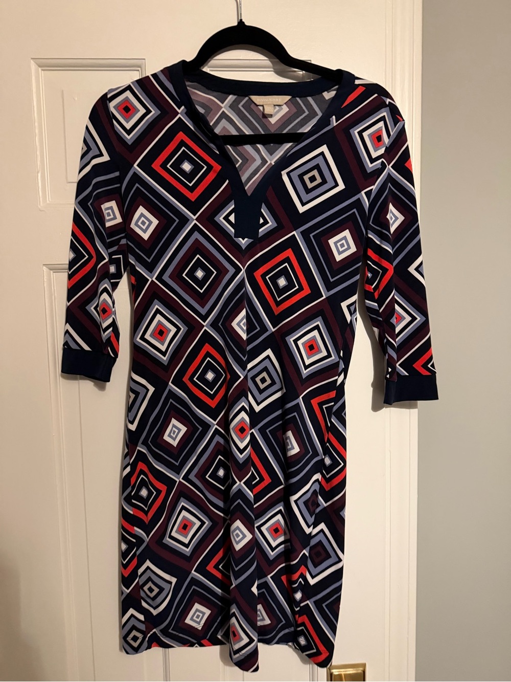 J. Crew Navy, Red & White Geometric Midi Dress